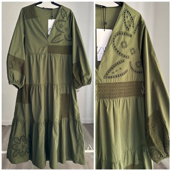 Zara Poplin Cotton Khaki Dress New - Picture 1 of 2